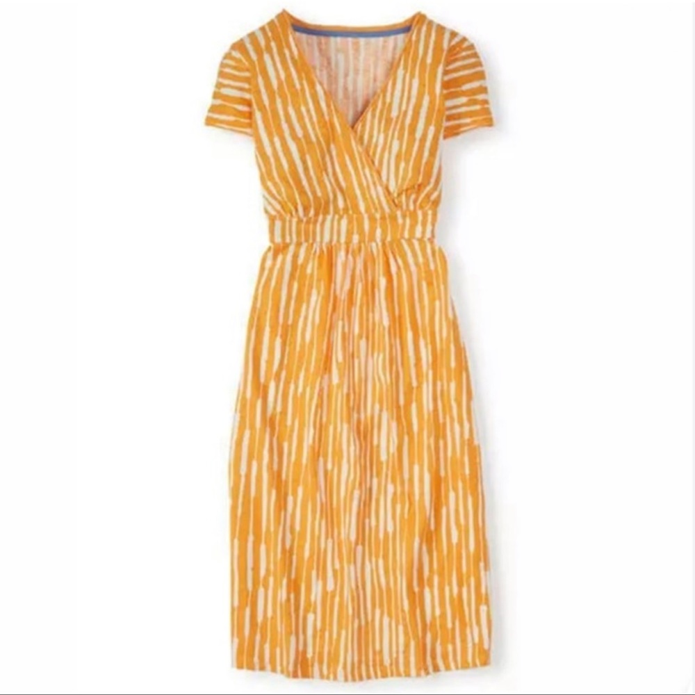 Boden Casual Jersey Day Dress Orange White Geo Stripe Wrap V-neck Front 8R - Picture 1 of 9